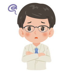 白衣を着た困る男性　上半身イラスト／Troubled man wearing a white coat　upper body illustration