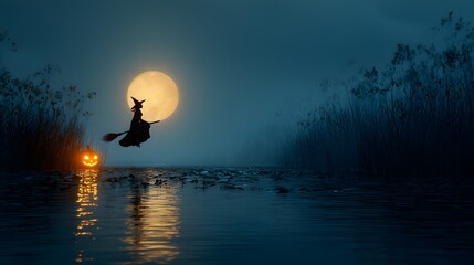 Eerie Halloween Night Witch Silhouette Flying Over Moonlit Lake Scene