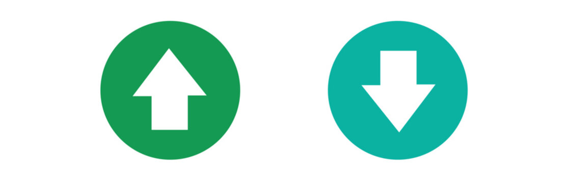 Vector art of two circular icons, one green with an upward arrow and one teal with a downward arrow