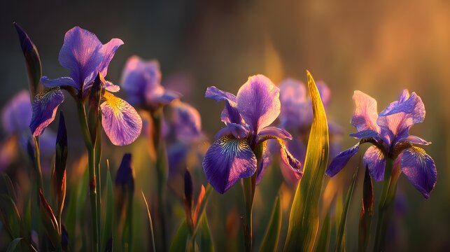 Purple iris blossoms glow vibrantly in the warm, diffused light of sunrise or sunset