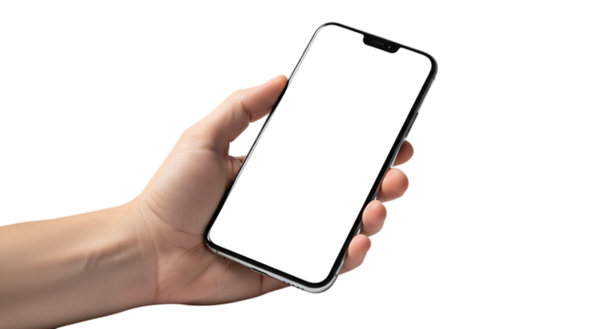 A person's hand holding a modern smartphone with a blank white screen, isolated.