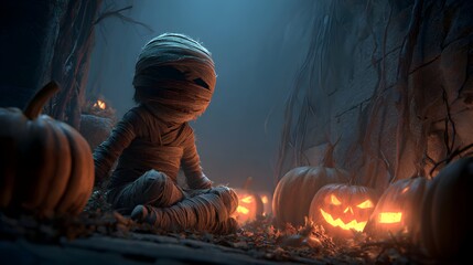 Moody Spooky Mummy Child with Jack O Lanterns Halloween Night Illustration