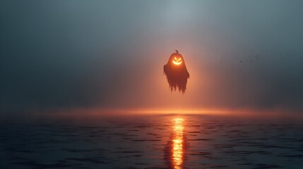 Spooky Rendered Halloween Pumpkin Ghost Over the Water at Dusk Illustration