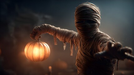 Mysterious Halloween Mummy Figure Holding Glowing Pumpkin Lantern Illustration
