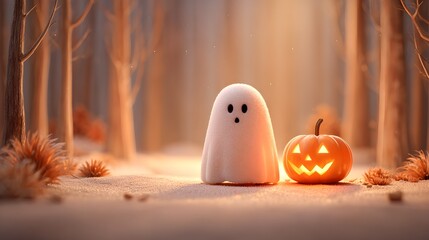 Soft Focus Ghost and Pumpkin Autumnal Forest Scene Illustration