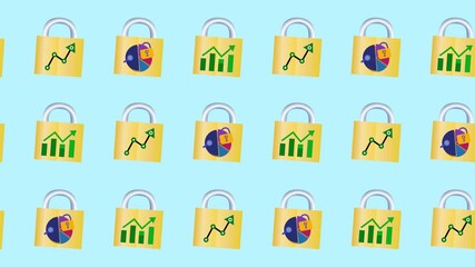 Seamless pattern of secured financial charts and data protection padlocks icon in a tile background animation. Repeating wallpaper with investment growth, market analysis, and security symbols. - Powered by Adobe