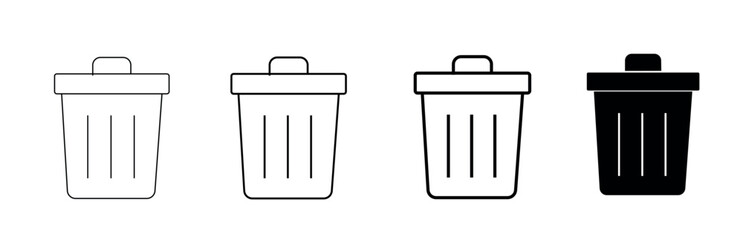 Vector art of set of four trash can icons, including outline and solid black versions