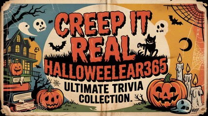 Spooky Halloween vintage illustration, 'Creep It Real' trivia poster with haunted house, ghosts, bats, black cat, carved pumpkins, and candles. Retro graphic, t-shirt design, gothic style, cartoon 