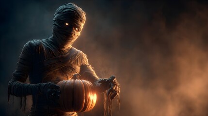 Spooky Bandaged Mummy Holding Glowing Pumpkin for Halloween Celebration Night