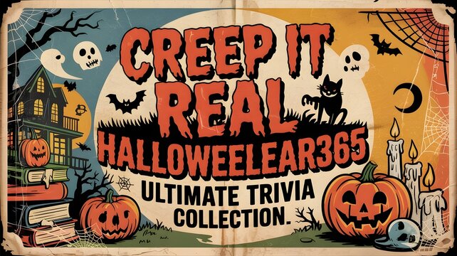 Spooky Halloween vintage illustration, 'Creep It Real' trivia poster with haunted house, ghosts, bats, black cat, carved pumpkins, and candles. Retro graphic, t-shirt design, gothic style, cartoon 