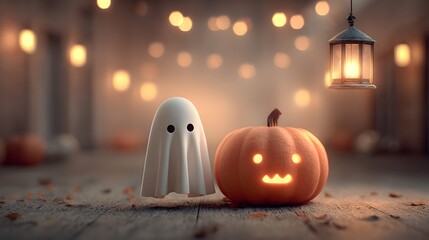 Whimsical Cute Ghost and Pumpkin Duo, Halloween Night Still Life Decoration