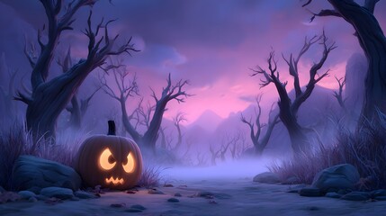 Spooky Cartoon Pumpkin in a Foggy Night Forest Scene Illustration