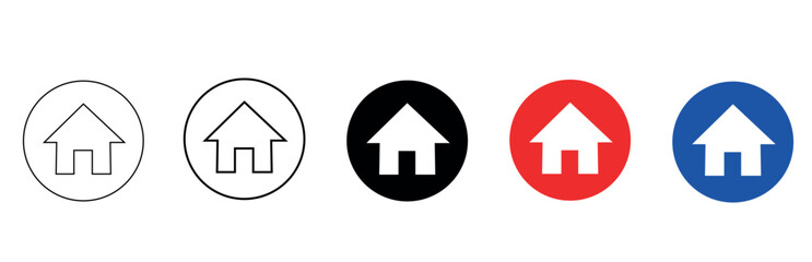 Vector art of set of five home icons in various styles and colors including outline, black, red, and blue