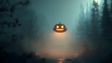 Spooky Glowing Pumpkin Head Floating in Misty Halloween Night Forest Landscape