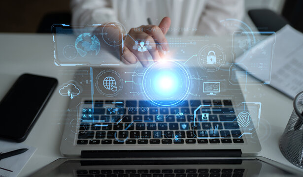 A futuristic command center interface for managing a global technology platform. The dashboard includes data security, network administration, and biometric user authentication. Fermion - Powered by Adobe