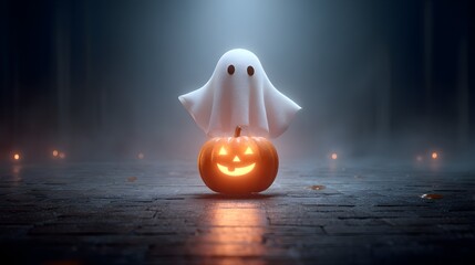 Cute Little Ghost Sitting on Glowing Jack O Lantern Halloween Composition