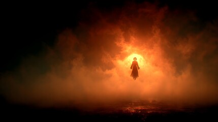Eerie Floating Figure with Pumpkin Head in a Fiery Halloween Landscape