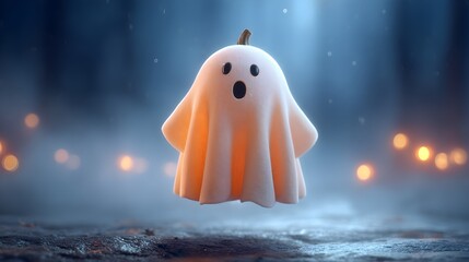 Cute Cartoon Ghost with Pumpkin Stem for Halloween Festive Celebration