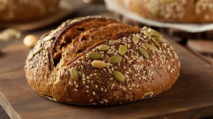 Artisan whole grain sourdough bread loaf covered in seeds and grains on a wooden board