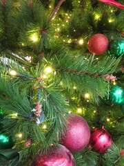 Close up of red ornaments on a green Christmas tree with warm yellow holiday lights glowing