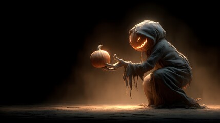 Dark and Eerie Halloween Figure with Pumpkin Head Holding a Pumpkin
