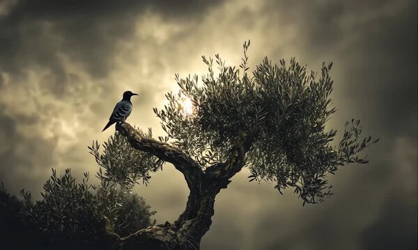 A Dove Illuminated by the Rising Sun, Perched on an Olive Branch. Holy Spirit Concept