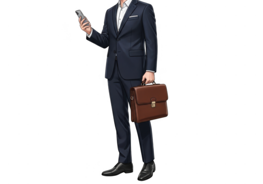 Businessman in suit holding smartphone and briefcase isolated on transparent background