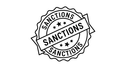Obraz premium A black and white circular stamp displaying the word sanctions repeatedly