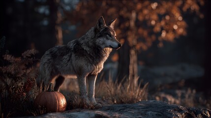 Autumnal Canine Companion Standing Guard Beside Orange Pumpkin in Nature Scene