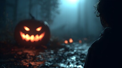 Spooky Glowing Jack O Lantern with a Figure in a Dark Night Scene