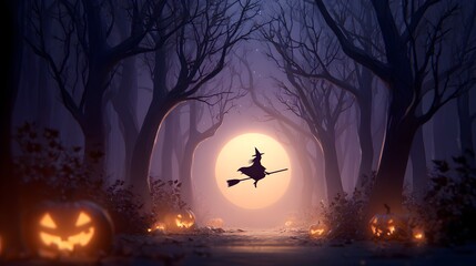 Atmospheric Digital Halloween Witch Silhouette Flying In Spooky Dark Forest