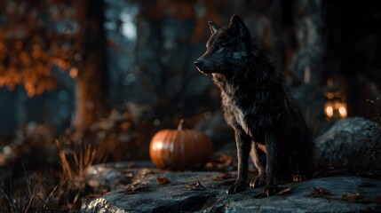 Moody Natural Dark Wolf with Pumpkin Still Life in Forest Setting