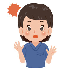 青色のスクラブを着た驚く女性　上半身イラスト／ Surprised woman wearing blue scrubs　upper body illustration