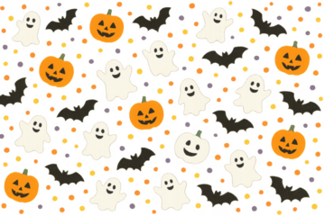 Halloween seamless pattern with cute pumpkins and ghosts