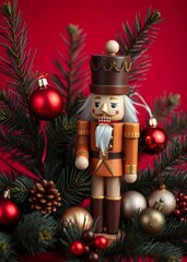 Wooden nutcracker toy with pine branches and holiday ornaments space for text christmas card banner or poster red background nutcrackers holiday  decoration christmas toy festive merry celebration