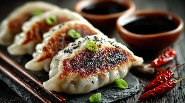 Side-lit golden gyoza with bamboo chopsticks & soy cup, deep gray backdrop, ideal for healthy food blog or Asian festival wallpaper