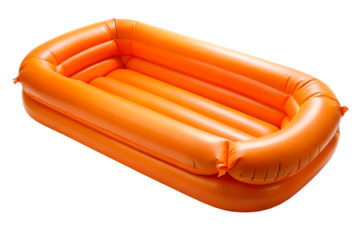 Bright orange inflatable pool float mattress with horizontal ribs isolated on white background .PNG. AI Generated