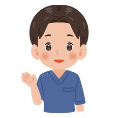 青色のスクラブを着た案内する男性　上半身イラスト／Man wearing blue scrubs guiding