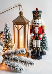 Nutcracker soldier glowing lantern and snow-covered pine trees isolated on white background perfect for christmas and winter holiday designs nutcrackers holiday  decoration christmas toy festive merry
