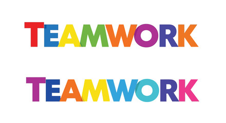 Colorful typography displays the word teamwork repeated twice on a white background
