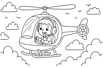 Boy Pilot Flying Helicopter in Sky with Clouds and Birds, Coloring Page