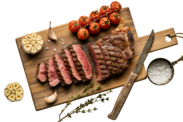 Sliced grilled steak with tomatoes and garlic on board isolated on transparent background