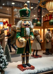 Nutcracker dressed in a regal green coat with gold trim holding a drum and standing in a snowy window display with holiday shoppers passing by nutcrackers holiday  decoration christmas toy festive mer