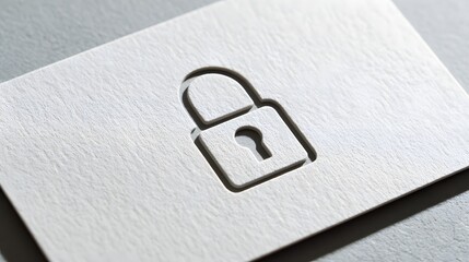 Die cut silhouette of a closed padlock deeply embossed into thick textured white paper