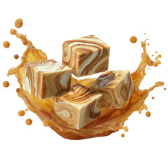 Caramel-swirled candy cubes in a caramel splash
