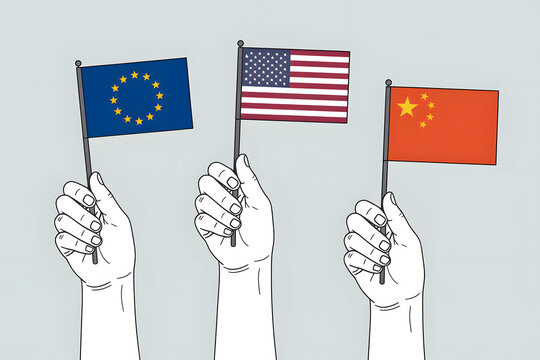international relations concept with eu american and chinese flags