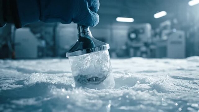 Close-up of Hand in Glove Extracting Ice Core Sample in Futuristic Laboratory Setting
