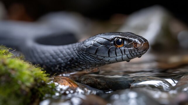 Close Up of a Snake's Head Partially Submerged in Water, Featuring Scales, Texture, and Vibrant Eye Color