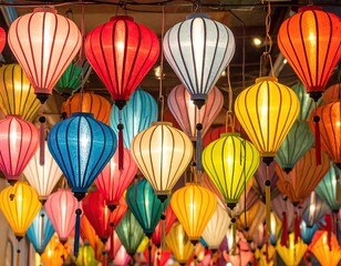Colorful Assortment of Silk Lanterns Hanging from Ceiling with Warm Lighting and Intricate Designs in Vibrant Colors © Menyat
