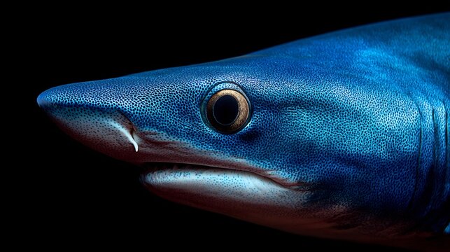 Close-up of a Predatory Marine Animal's Head Against a Black Background, Featuring Intricate Dermal Denticles and an Intense Gaze